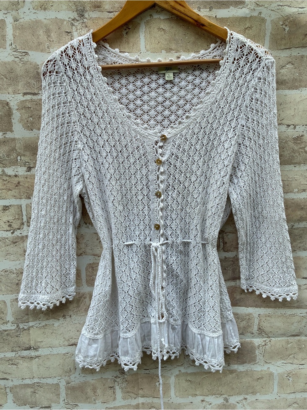 J Jill vintage size L White Crochet Button-Front cardigan sweater with Tie Waist
